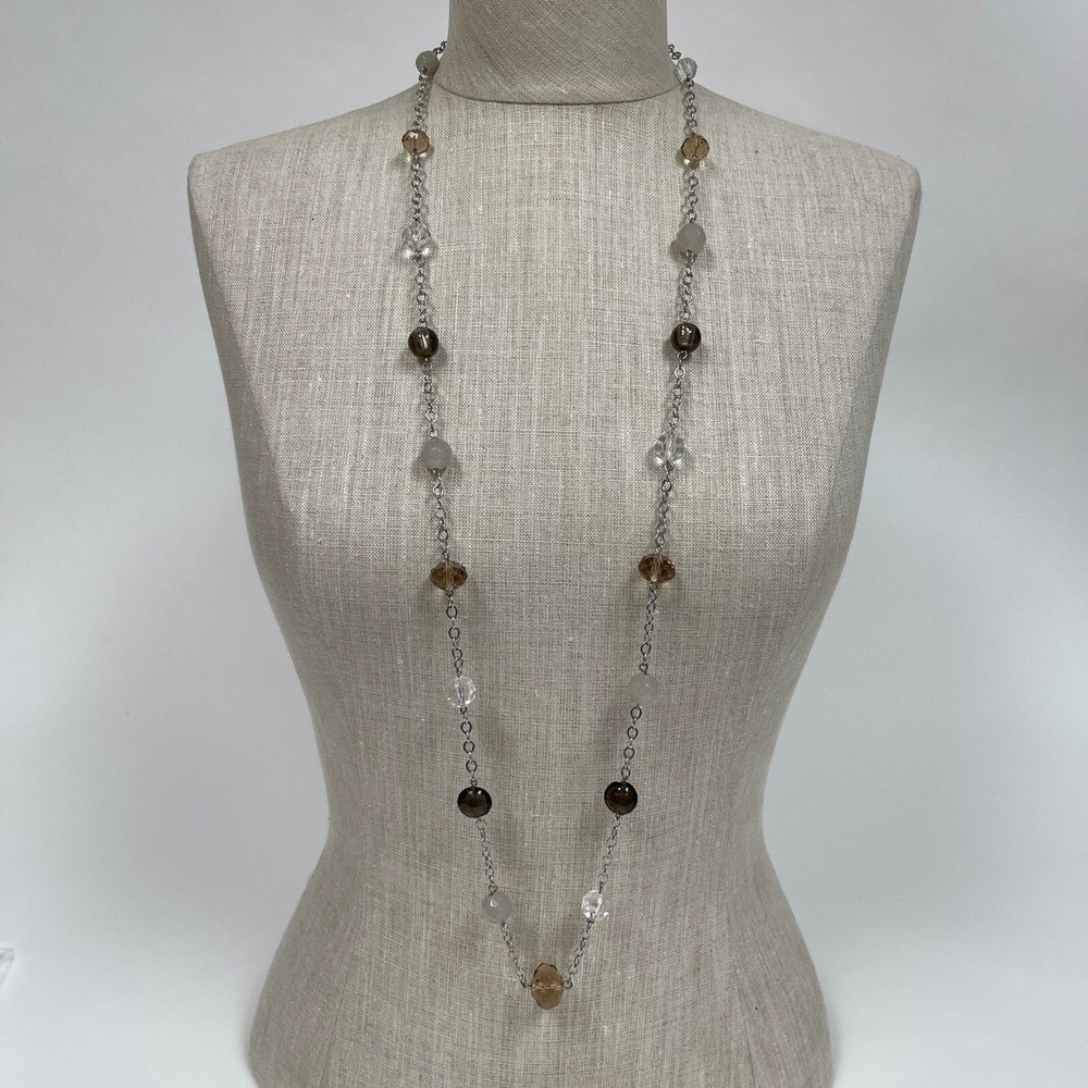 White House Black Market WHBM Silver-tone Brown White Clear Beaded Necklace NWOT